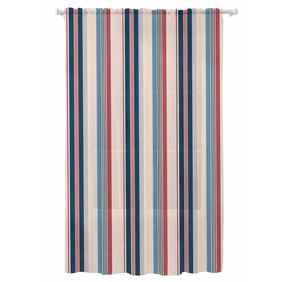 Sheer Curtains 84 Inches Long, Blue Red Striped Semi Sheer Curtains Light Filtering Window Treatment, Modern Stripes Art Farmhouse Privacy Voile Drapes for Living Room Bedroom 52x84 Inch