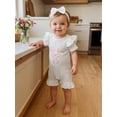 thumbnail image 6 of BemeyourBBs She‘s Here Baby Girls Spring Summer Fall Clothes Newborn Baby Girl Hospital Going Home Outfit Waffled Romper Bow Letter Print Ruffle Short Sleeve One Piece Jumpsuit with Headband, 6 of 9