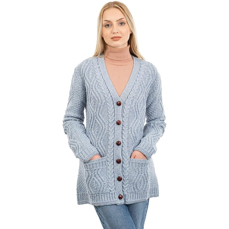 Original Aran Women s 100 Merino Wool Boyfriend Cardigan with Buttons and Pockets Made in Ireland Walmart
