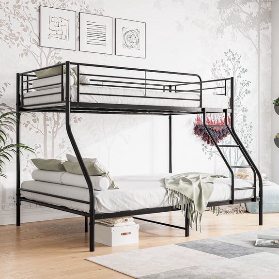 DreamBuck Twin over Full Size Bunk Bed for Teens and Adults, Heavy Duty Metal Bunk Bed with 2 Bulit-in Side Ladders, Under Bed Storage, Noise Free, Easy Assembly, Black