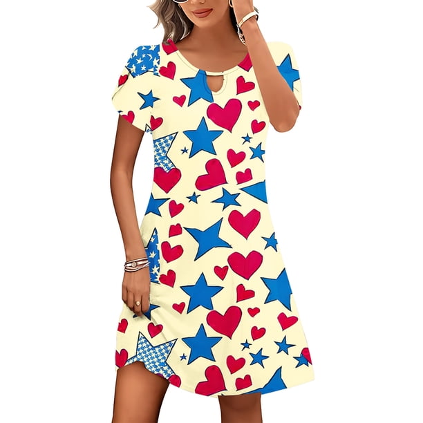 Puntoco Vestido De Cuello Redondo De Manga Corta Suelto Informal Estampado Del Día De La Independencia De Verano Para Mujer Amarillo Xl,Regalos Para Mujer Joven