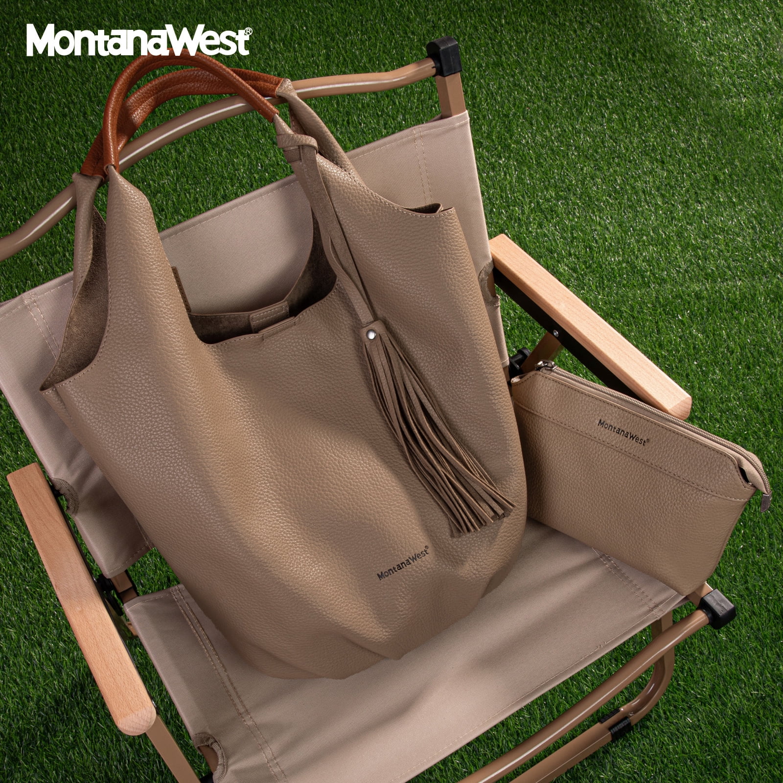 Montana West Slouchy Hobo Bags for Women 2PCS Tassels Handbags Shoulder Bag Set with Comestic Bag, Khaki