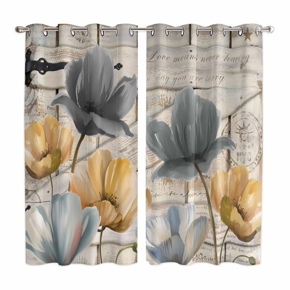 Spring Tulips Flower Kitchen Curtains Window Panels, Vintage Floral Barn Doors Rustic Beige Insulated Window Treatment Curtain, Grommet Curtains for Bedroom/Living Room/Bathroom, 2 Piece 42"Wx63"L