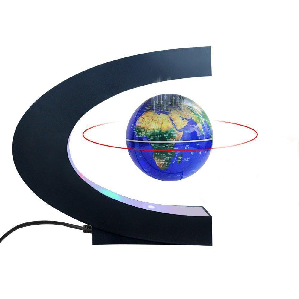 Magnetic Levitation Floating Earth Globe Map W C Shape Base LED Light Blue 