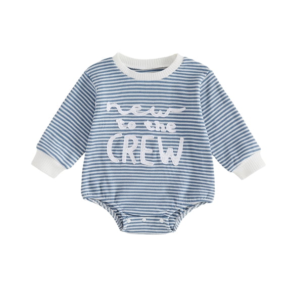 RUINIXCW New to The Crew Baby Boy Girl Fall Winter Outfit Bubble Romper Newborn Baby Boy Girl Hospital Coming Home Outfit Waffled Striped Letter Long Sleeve Bodysuit