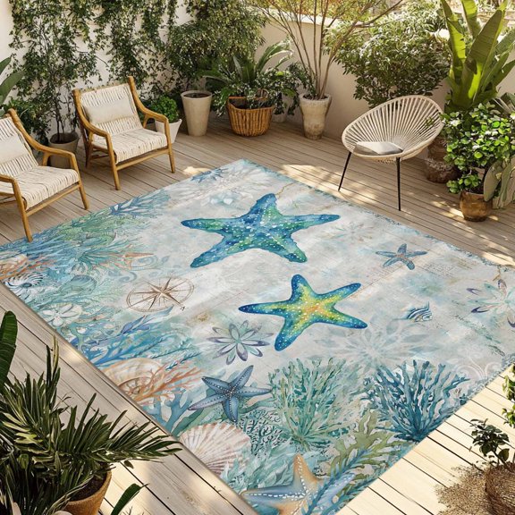 Teal Starfish Coastal Outdoor Rug for Patio/Deck/Porch, Non-Slip Large Area Rug 5 x 8 Ft, Summer Beach Coral Nautical Ocean Indoor Outdoor Rugs Washable Area Rugs, Camping Rug Carpet Runner