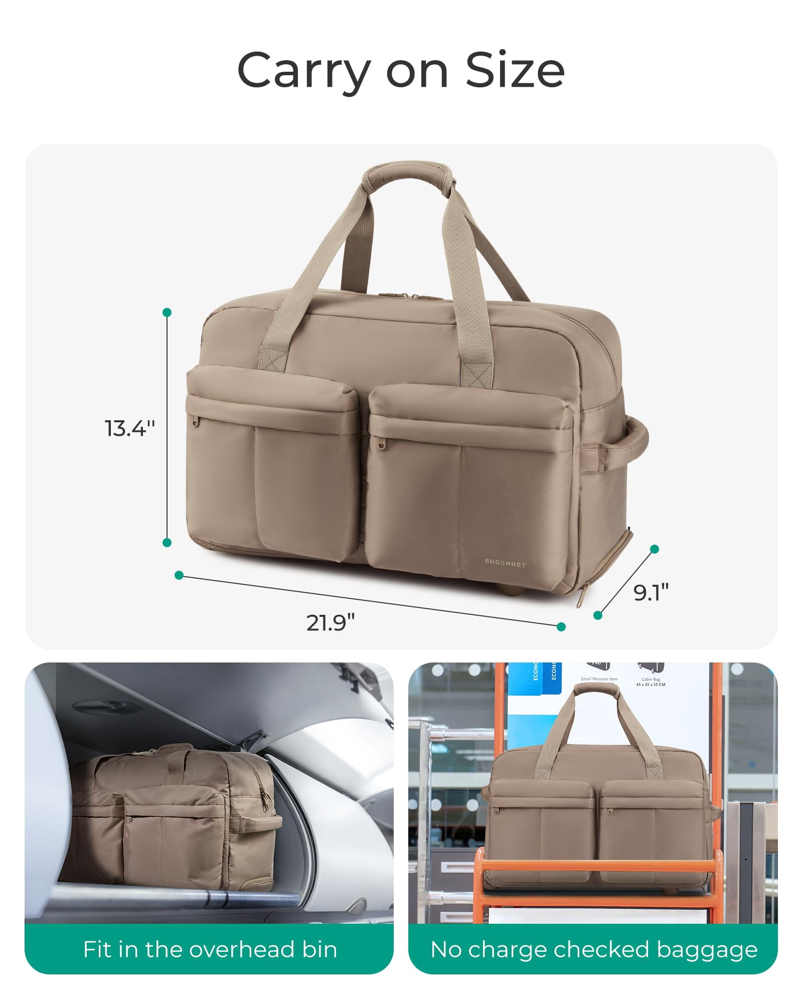 BAGSMART Rolling Duffle Bag with Wheels, Carry On Wet Pocket Duffel for Travel with Handle, Brown