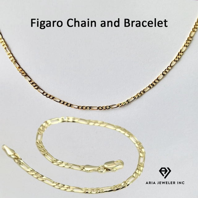 Cadena y pulsera de oro de 14 quilates, el mejor regalo unisex para madre, padre, novia, novio, ella, él, collar de cadena Figaro de 14 quilates y 20 pulgadas de Aria Jeweler Inc