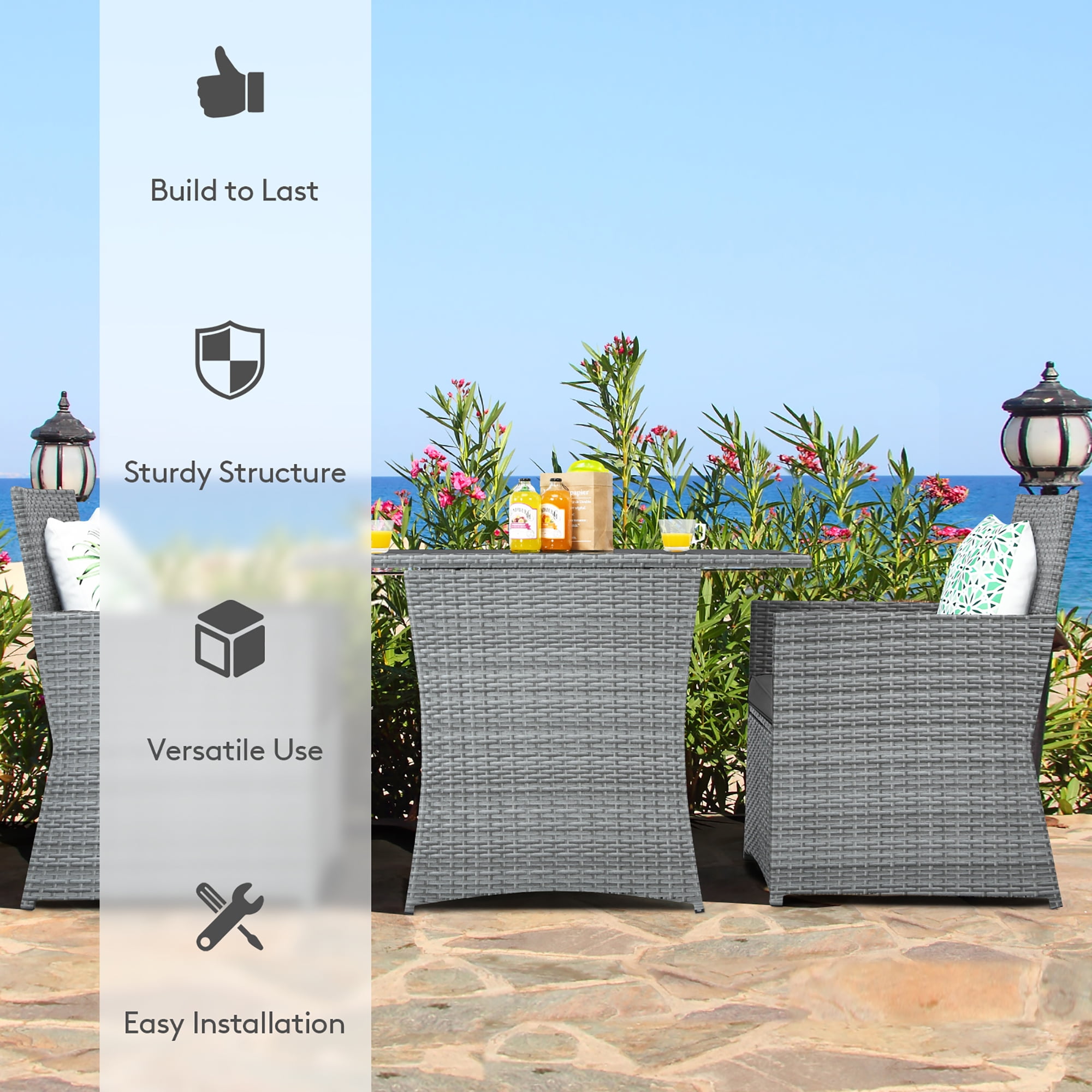 Costway 3PCS Patio Rattan Furniture Set Cushioned Sofa Armrest  Garden Gray