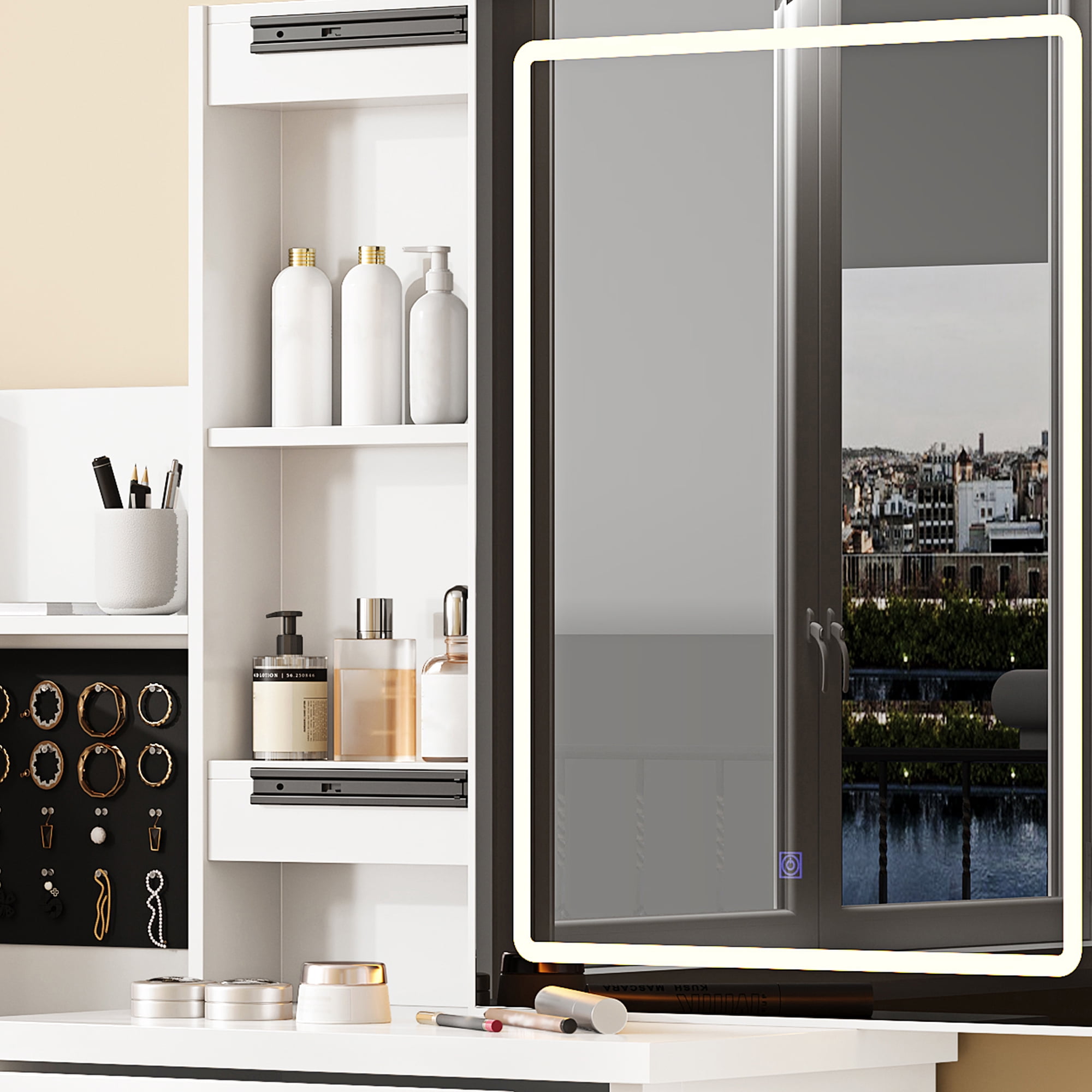 Vanity Desk Set with Sliding Lighted Mirror, Makeup Dressing Table with 4 Drawers & 9 Storage Spaces, Hidden Compartments and Cushioned Stool, White Beauty Furniture for Bedroom