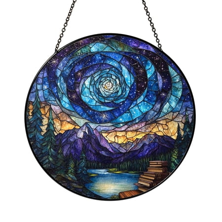 Stained Glass Moonlit Reader Suncatcher with Galaxy Book Theme Decorative Window Art for Cozy Home Decor