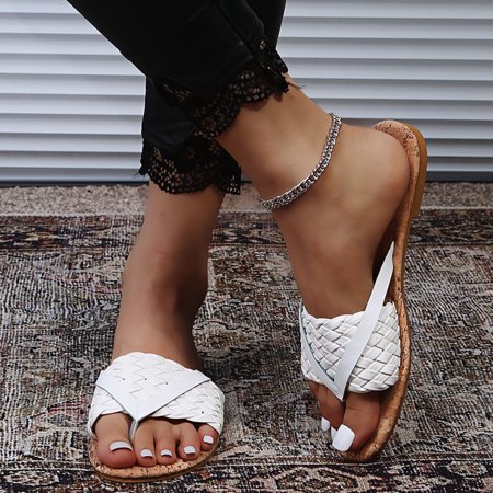 

YOTAMI Women s Sandals Fashion 2022 Women s Casual Holiday Woven Flat Thong Faux Wood Grain Sandals White