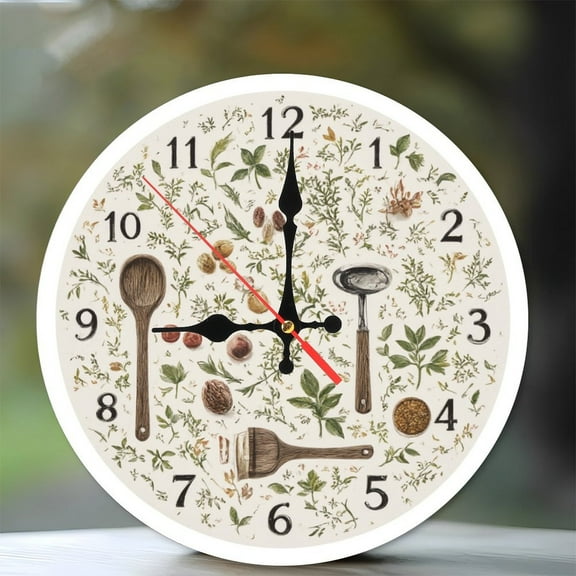 10-Inch Silent Wooden Wall Clock, " Kitchen Herb Wall Clock Cooking Utensils Decor "  Silent Non-Ticking Clock, Battery Operated (AA Batteries Not Included), Artistic Home Decor