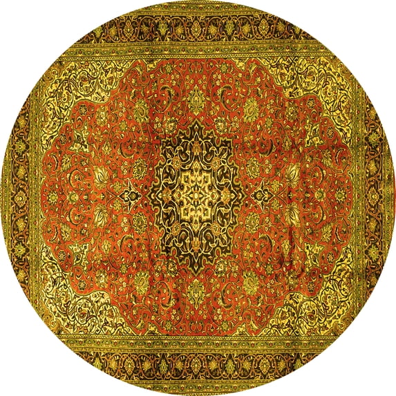 Ahgly Company Machine Washable Indoor Round Medallion Yellow Traditional Area Rugs, 4' Round