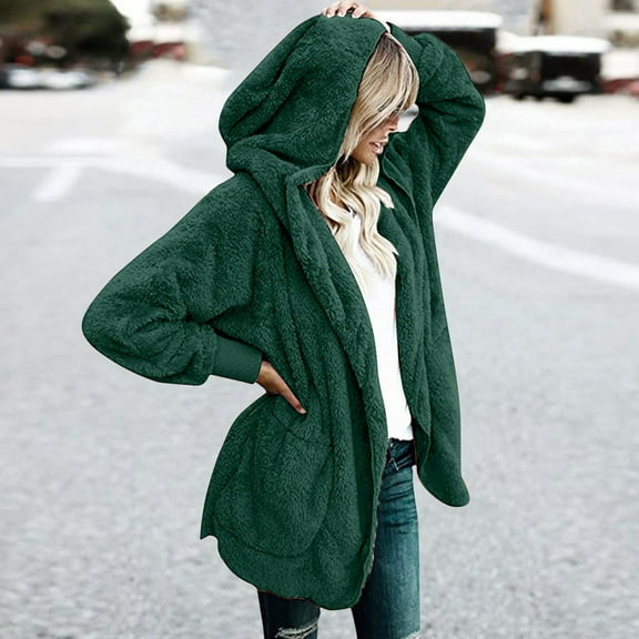 Antqov Cardigan for Women, Solid Color Chunky Fluff Hooded Jacket with Pockets, Daily Warm Soft Casual Jacket