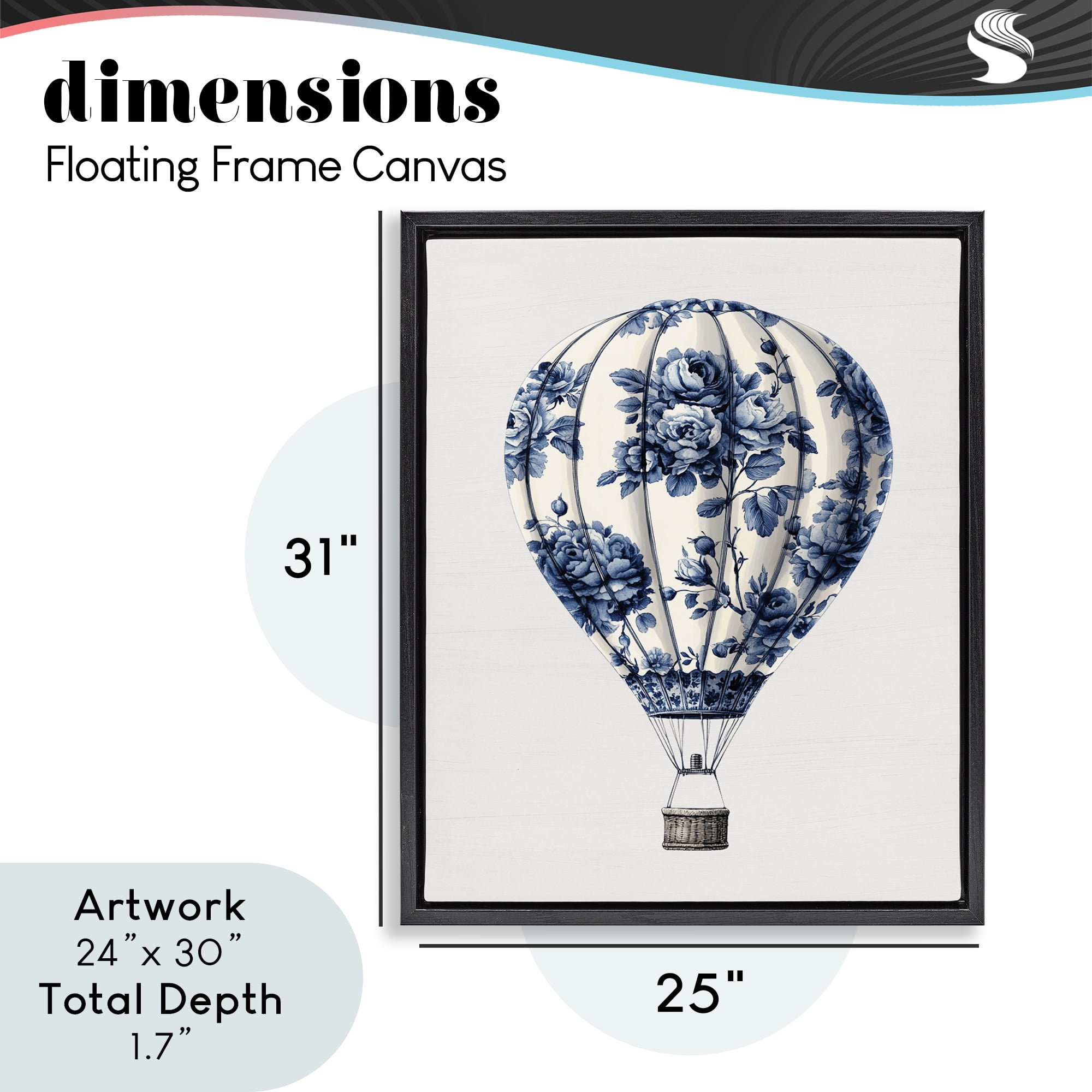 Vintage Toile Hot Air Balloon Black Framed Floater Canvas Wall Art, design by Lettered and Lined