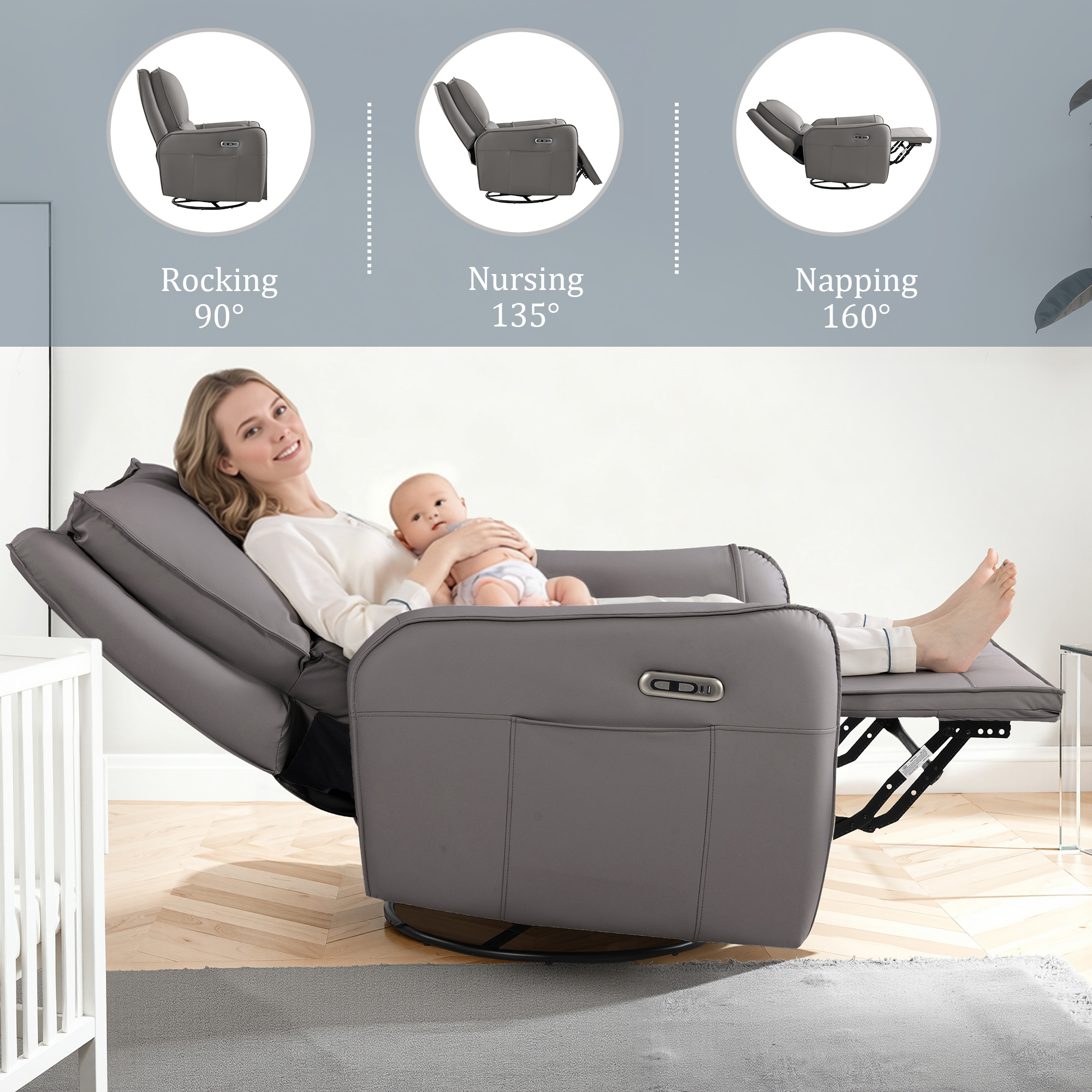 Power Recliner Rocking Chair Nursery Gliders, Electric Swivel Rocker Recliner Chair, Comfy Upholstered Living Room Reclining Chairs with Lumbar Support