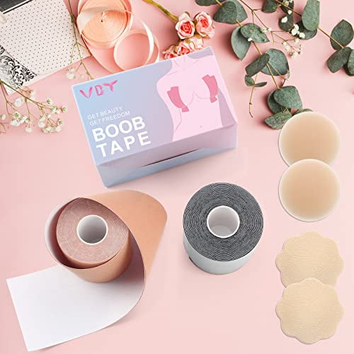 Body Tape for Breast Lift w 2 Pcs Silicone Breast Petals Reusable Adhesive Bra& 2 Pcs Fabric Nipple Covers Breast Lift Tape Bob Tape for Large Breasts A-G Cup Black 2 Pack Boob Tape 