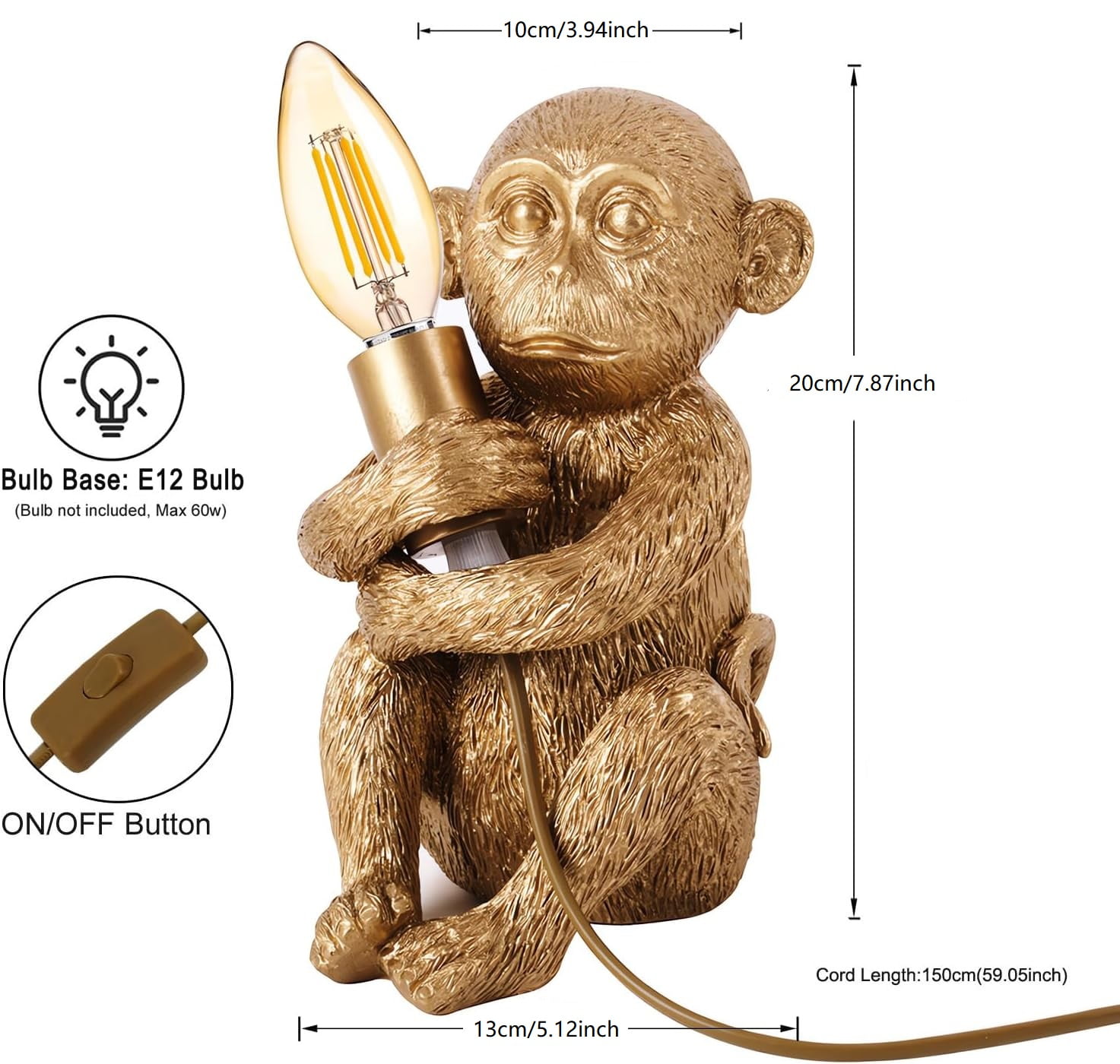 Hand-Carved Resin Monkey Table Lamp, -Whimsical Animal Desk Light for Bedroom, Living Room, Office & Cafe Decor, E12 Socket (Bulb Not Included), 7.9 inch