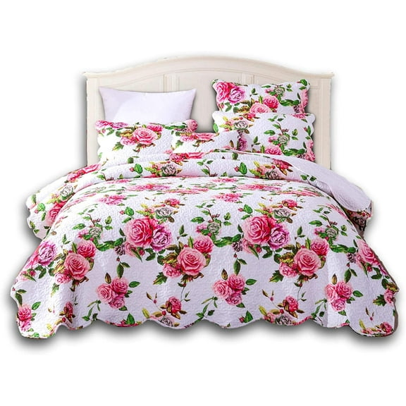 DaDa Bedding Romantic Roses Floral Bedspread Set - Lovely Spring Pink & White Scalloped Colorful Lightweight Breathable - Bright Vibrant Quilted Coverlet w/Pillow Shams - Full - 3-Pieces