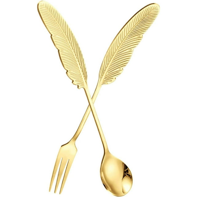 Spoons and forks Set Stainless Steel Feather Spoon and fork Household Fruit fork Coffee Spoon Dessert 304 Stainless Steel Spoon and fork Set (2Pc) Serving Spoons Stainless Steel