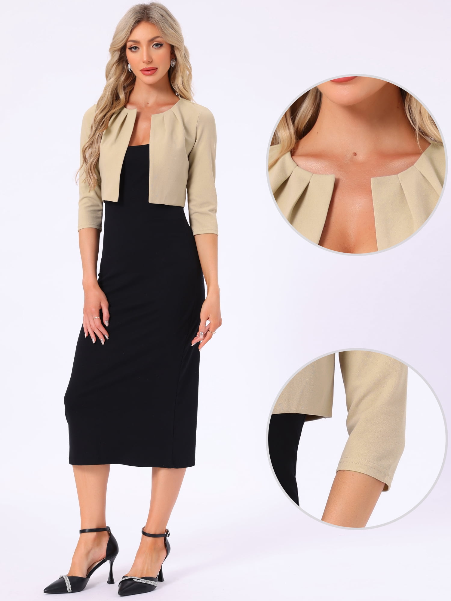 DARING DIVA Women's 3/4 Sleeve Shrug Top Collarless Pleated Cropped Cardigan S Khaki