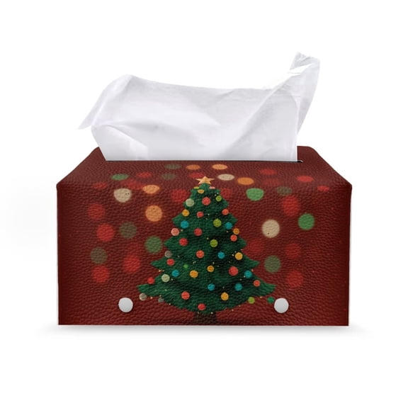 Yuyamidu Xmas Tree PU Leather Tissue Box Cover for Living Room Square Tissue Box Holder for Napkin Facial Paper Decorative Facial Paper Organizer Dispenser Christmas Decor