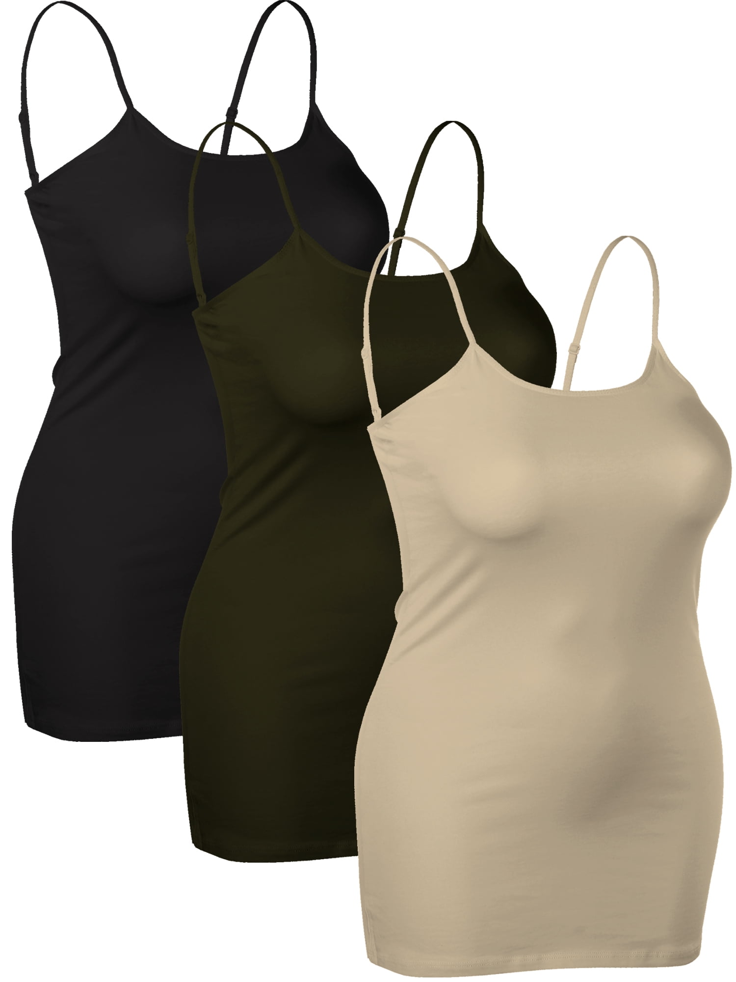 Emmalise Women's Basic Casual Long Camisole Cami Top Value Combo - 3Pk -  Black, Burgundy, Olive, Large