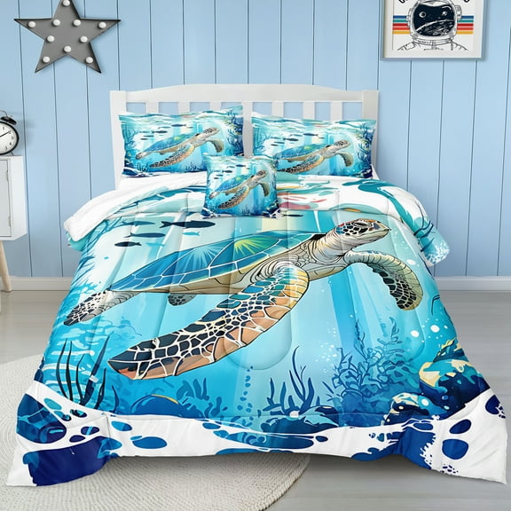 Sea Turtle Comforter Set Navy Blue Ocean Bedding Set 4 Pcs Water Grass Coral Fish Sealife Coastal Theme Super Soft Cozy Girls Boys Sea Animal Bed Comforter Set