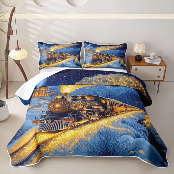 Castle Fairy Magical Train Twin Quilt Set,Winter Light Print Twin Coverlet Set for Bedroom,Black Gold