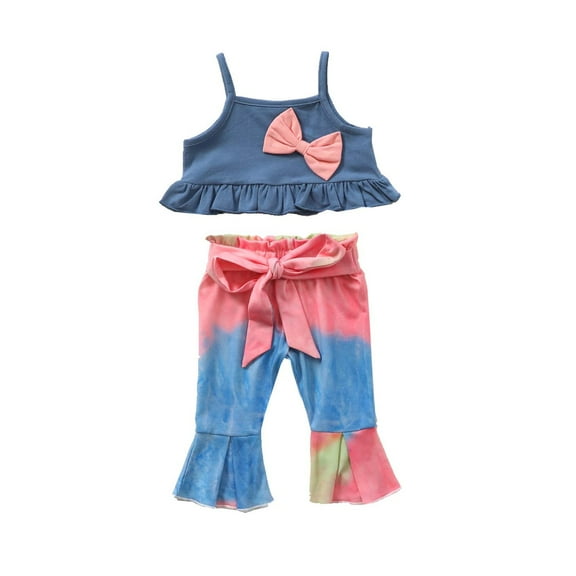 Baby Summer Clothes Toddler Girls 2pcs Bow Sling Tops Tie-dye Flared Trousers Suit Clothing Outfits