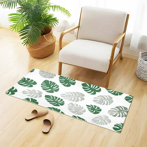 Green Gray Monstera Leaves Plush Carpet Non Slip Runner Rug Absorbent Bath Mat 39" x 20"