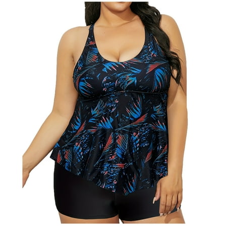 ZQGJB Womens Plus Size Tankini Swimsuits Vintage Floral Printed Summer Tummy Control Two Piece Bathing Suit Flowy Swimdress with Boyshorts(Black XXL)