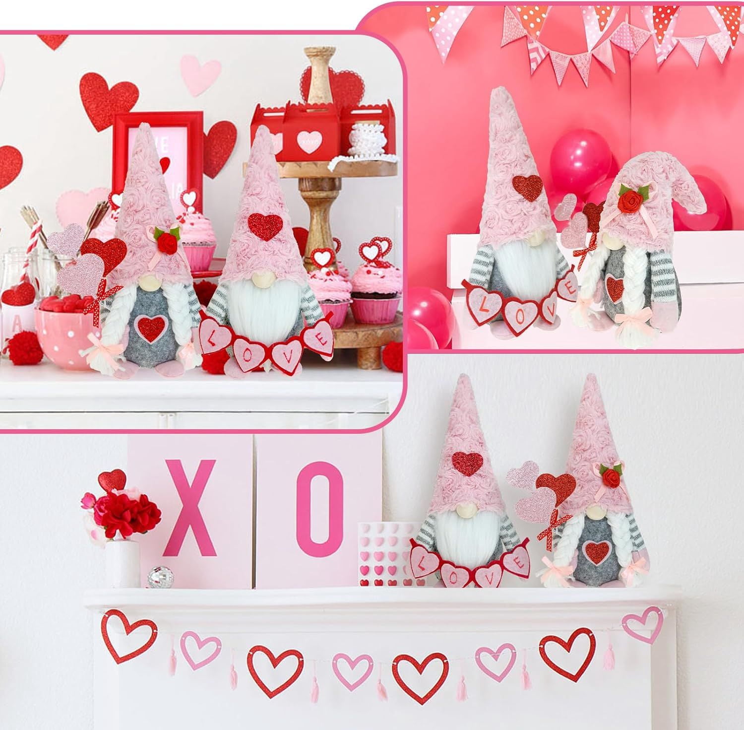 Valentine Gnomes Decorations for Home Valentines Day Tiered Tray Decor Pink Valentine Gnomes Plush Scandinavian Tomte Elf Holiday Gnomes Ornaments Valentines Day Gifts