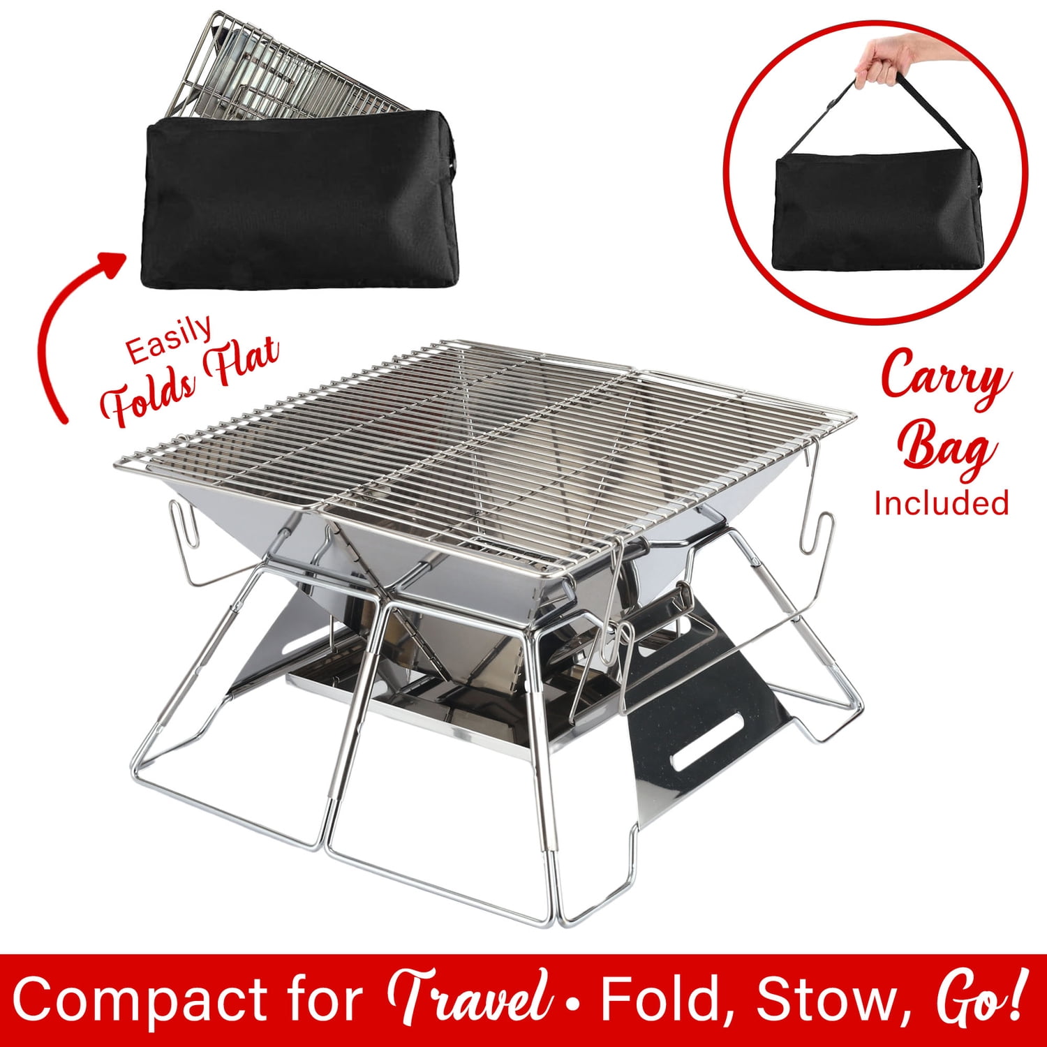 Brentwood 14-In. x 14-In. Stainless Steel Portable Folding Charcoal BBQ Grill and Outdoor Fire Pit with Carry Bag, BB-4X14SSPT