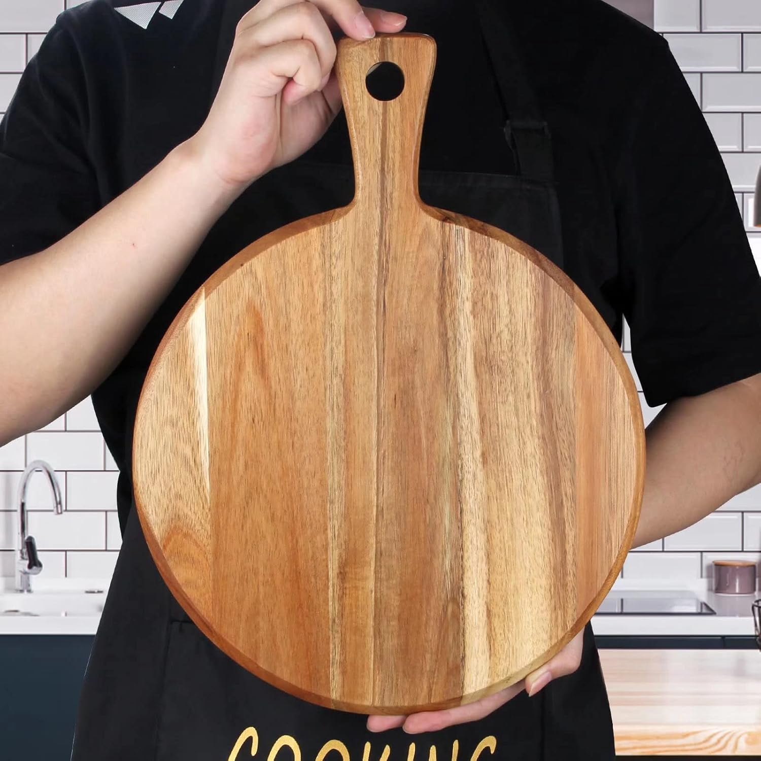 Wood Cutting Board with Handle Wooden Chopping Board Paddle Round Cutting Boards for Kitchen Meat Bread Serving Board Charcuterie Boards Chopping Blocks Circular Circle Pizza Cheese Board