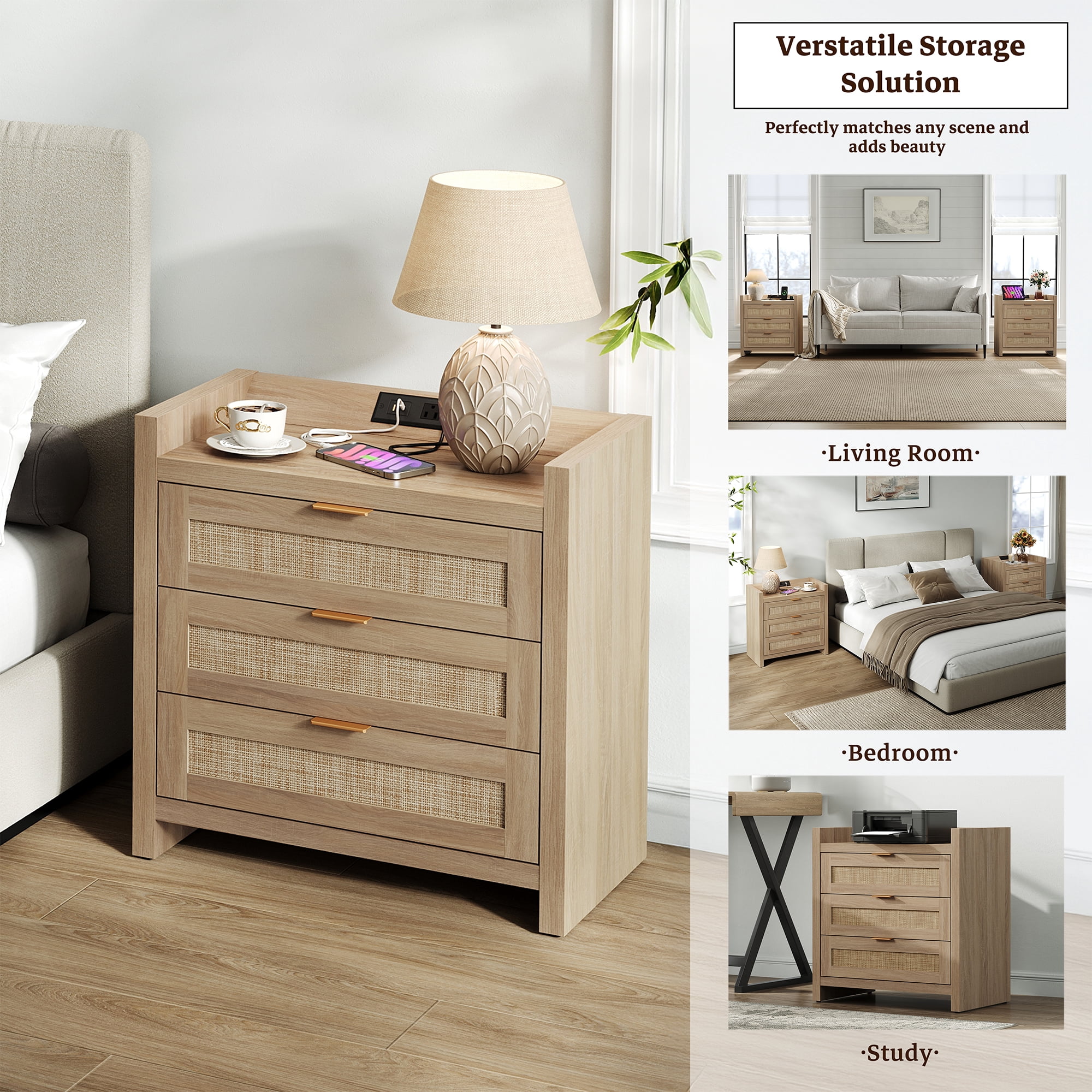 SICOTAS Boho Night Stands with Charging Station, Rattan Nightstands with Type-c Ports 26.57"H Tall Bed Side Table with 3 Drawers for Bedroom Enrtyway Livingroom,Light Oak