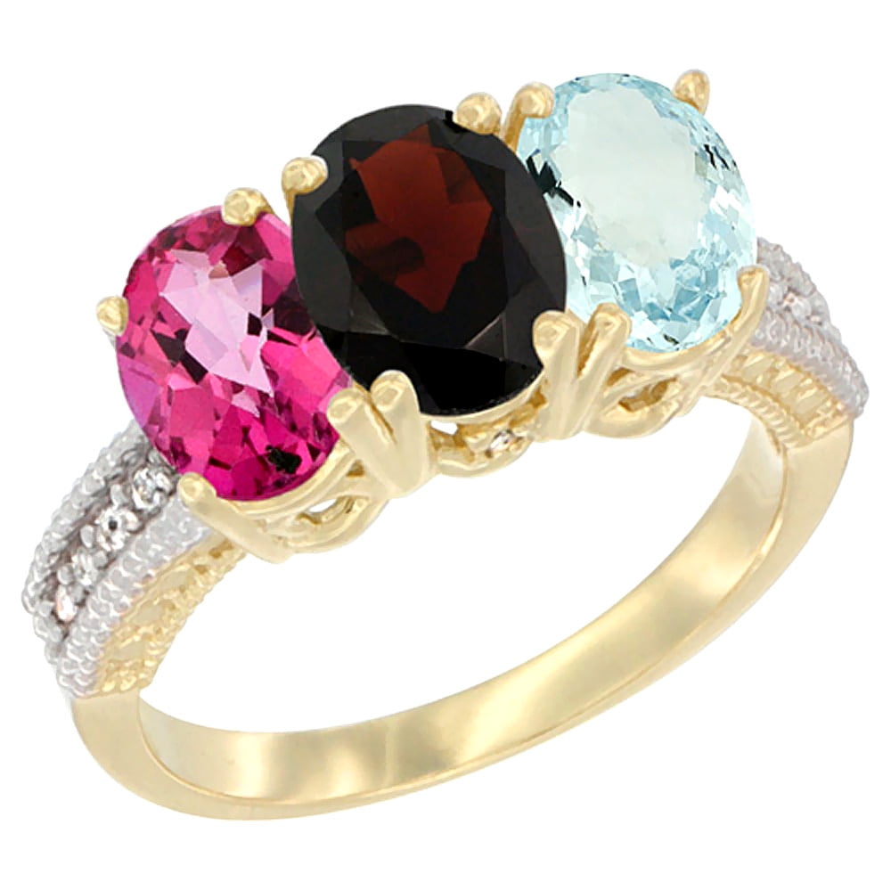 10K Yellow Gold Diamond Natural Pink Topaz, Garnet & Aquamarine Ring 3-Stone Oval 7x5 mm, sizes 5 10 by WorldJewels