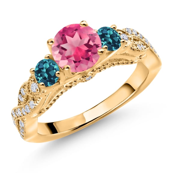 Gem Stone King 18K Yellow Gold Plated Silver Pink Mystic Topaz London Blue Topaz and White Moissanite Engagement Ring for Women (2.03 Cttw, Gemstone, Round 6MM and 3MM, Size 6)