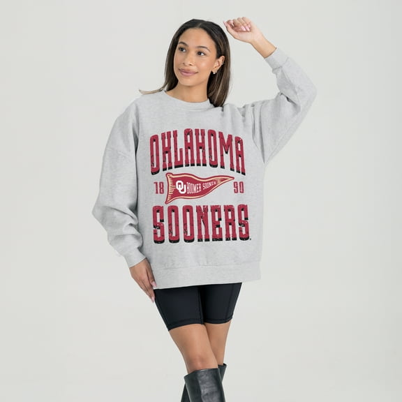 Women's Gameday Couture Ash Oklahoma Sooners Oversized Pennant Pride Premium Fleece Sweatshirt
