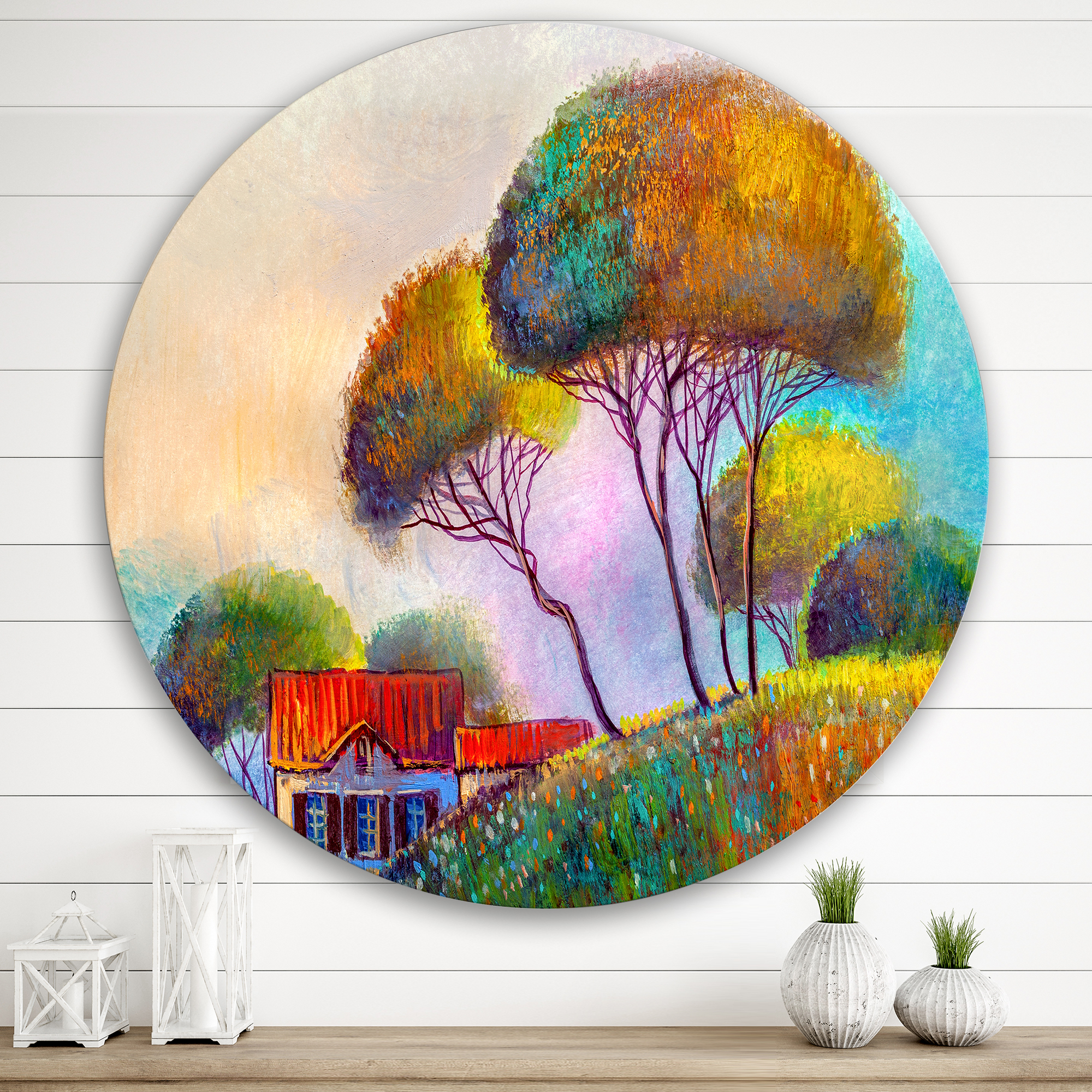 Designart 'Beautiful Village House On A Hot Summer Day' Modern Circle Metal Wall Art 36x36 - Disc of 36