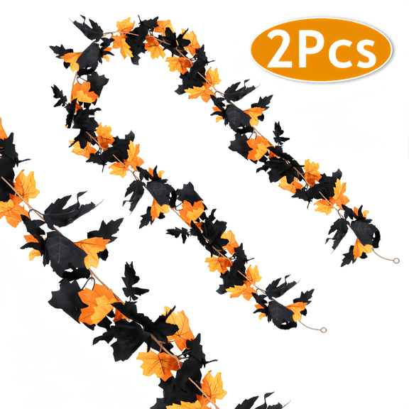 Thanksgiving Garlands Maple Leaf Vines Artificial Hanging Vines Decorations for Halloween Thanksgiving Home Party Supplies 2PCS Black&Yellow