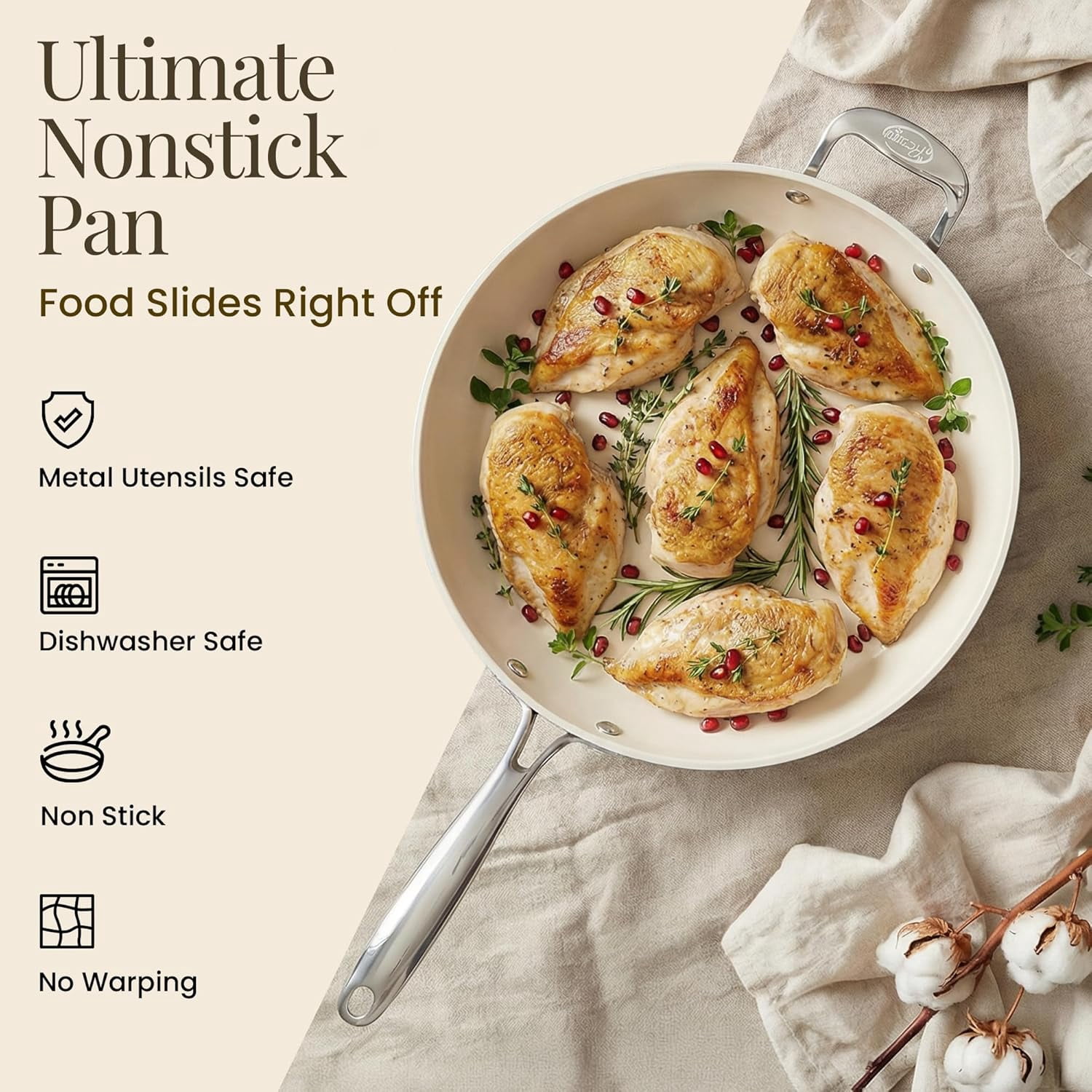 14 Inch Non Stick Frying Pans, Large Family Sized Nonstick Cooking Pan Skillet, Nonstick, Oven and Dishwasher Safe, Cream White