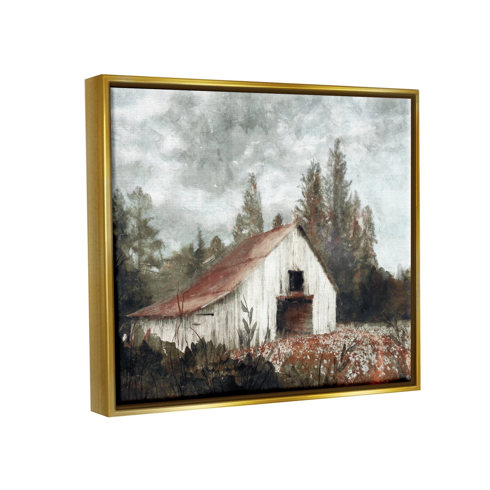 Stupell Industries Barn In Meadow Landscape Landscape Painting Gold Floater Framed Art Print Wall Art