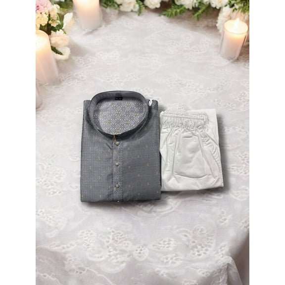 Traditional Men's Gray Color Silk Kurta Pajama Set, Cultural Wear, 6916