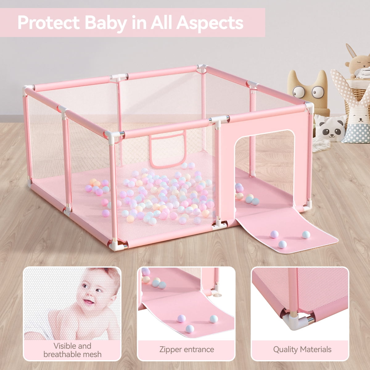 Baby Playpen, Outdoor Play Yard, Portable Play Yard 4-Panel- Baby Foldable Safety Playpen for Infant Toddler,Pink