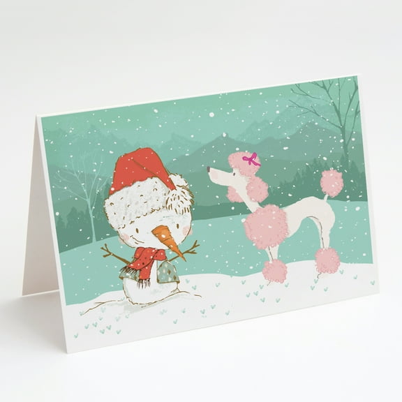 Pink Poodle Snowman Christmas Greeting Cards and Envelopes Pack of 8