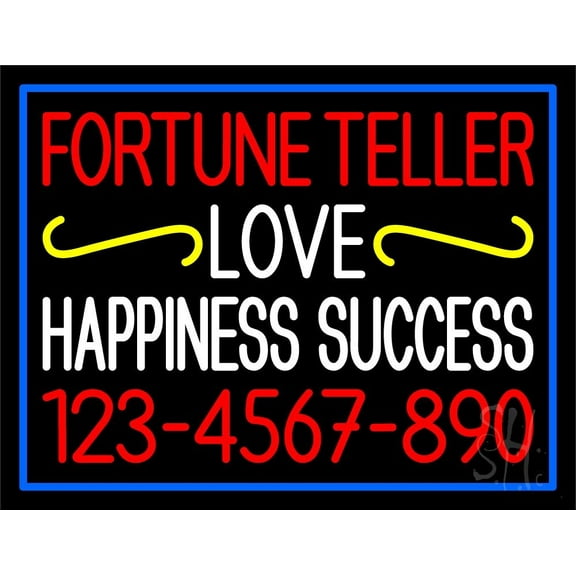 Fortune Teller Love Happiness Success with Phone Number LED Neon Sign 15" Tall x 19" Wide - inches Black Square Cut Acrylic Backing, with Dimmer - Premium built indoor LED Neon Sign for Storefront.