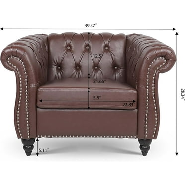 Leather Chesterfield Chair, Mid-Century Modern Single Sofa Chair, Tufted Upholstered Rolled Armchair for Home Bedroom Reading Room (Dark Brown)