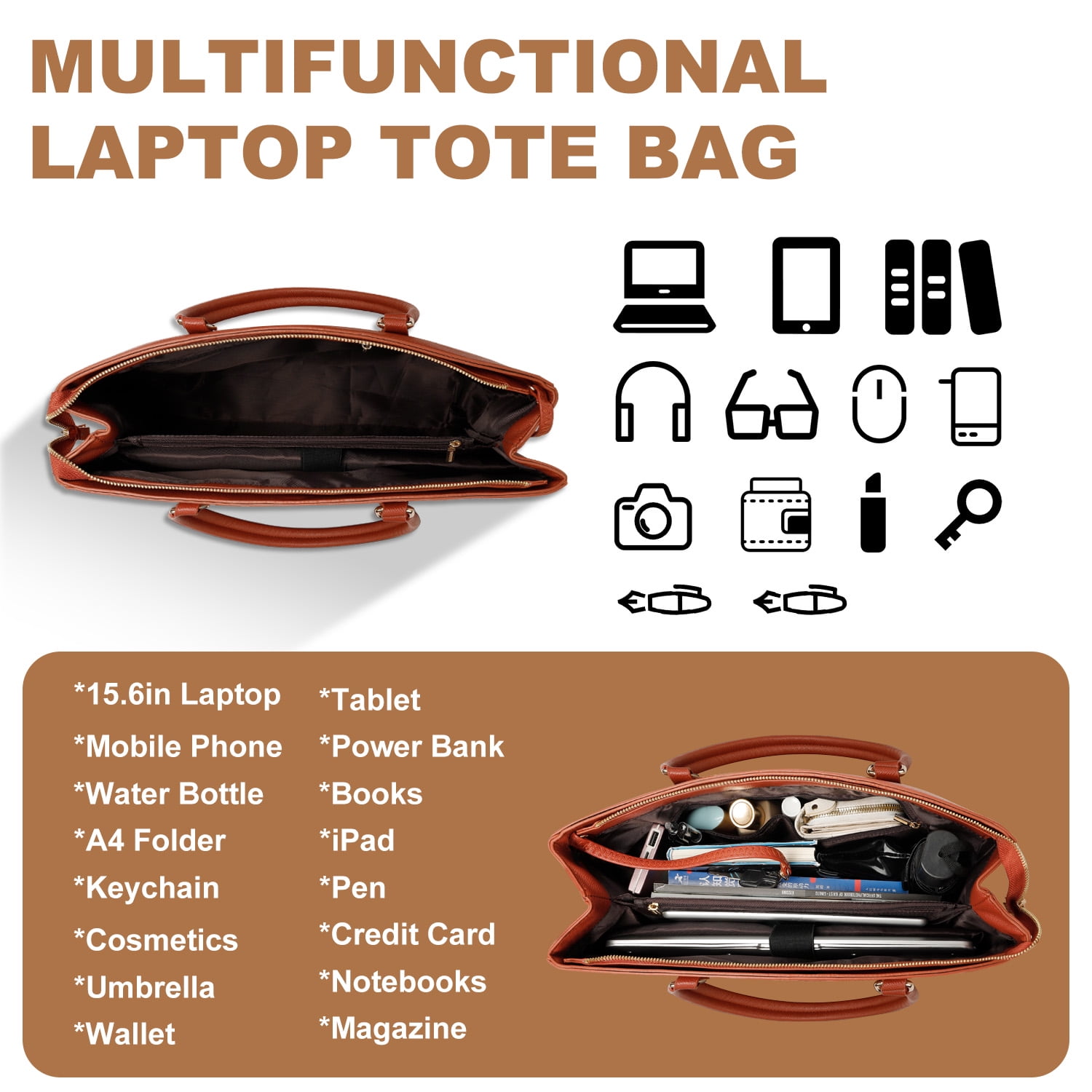Cshidworld 15.6 Inch Waterproof Leather Laptop Bag for Women - Business Tote Briefcase for Work, Office & Travel - Brown